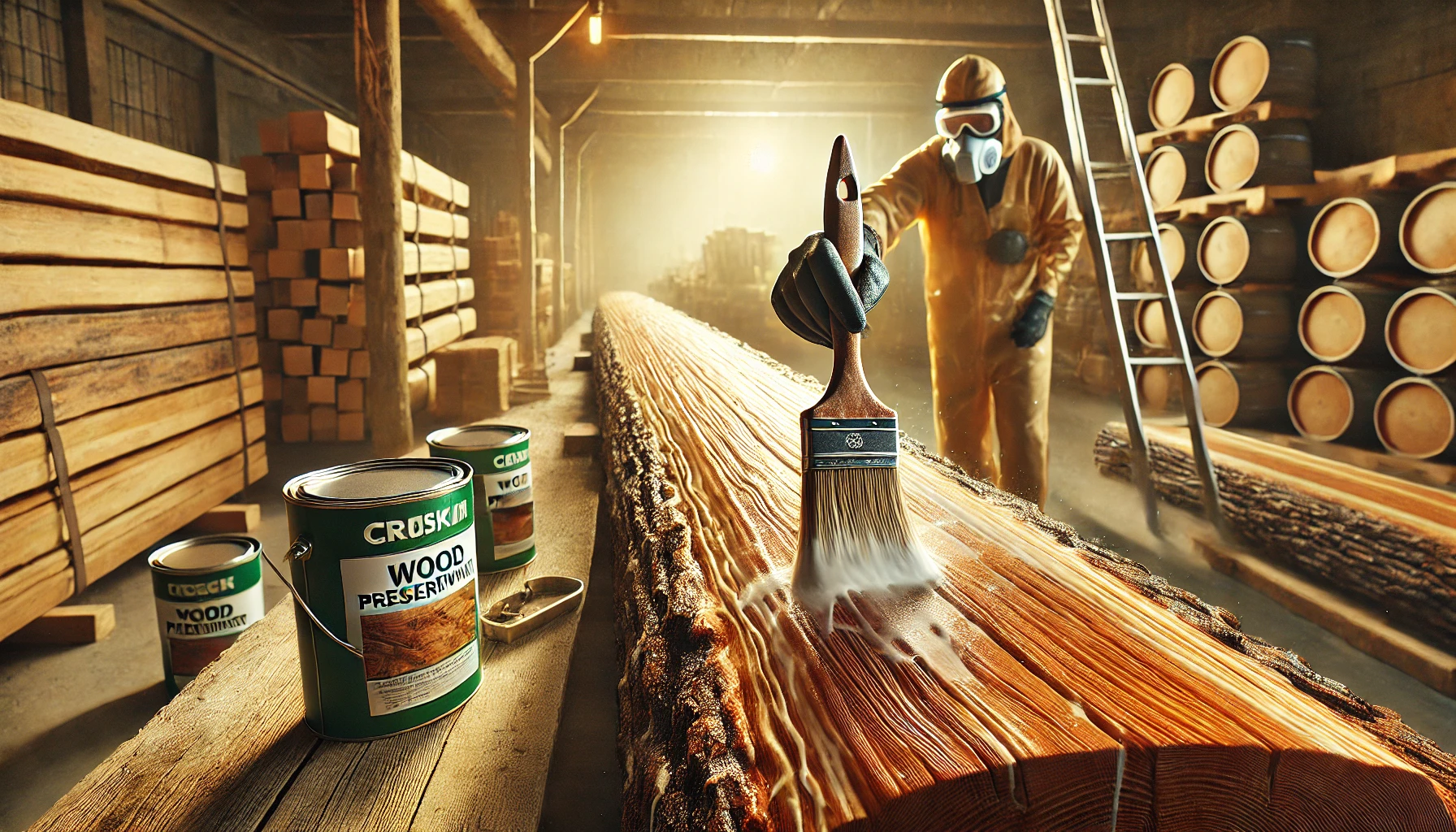 A person wearing safety gear applies a chemical preservative to a wooden beam in a well-lit workshop, surrounded by tools and timber.