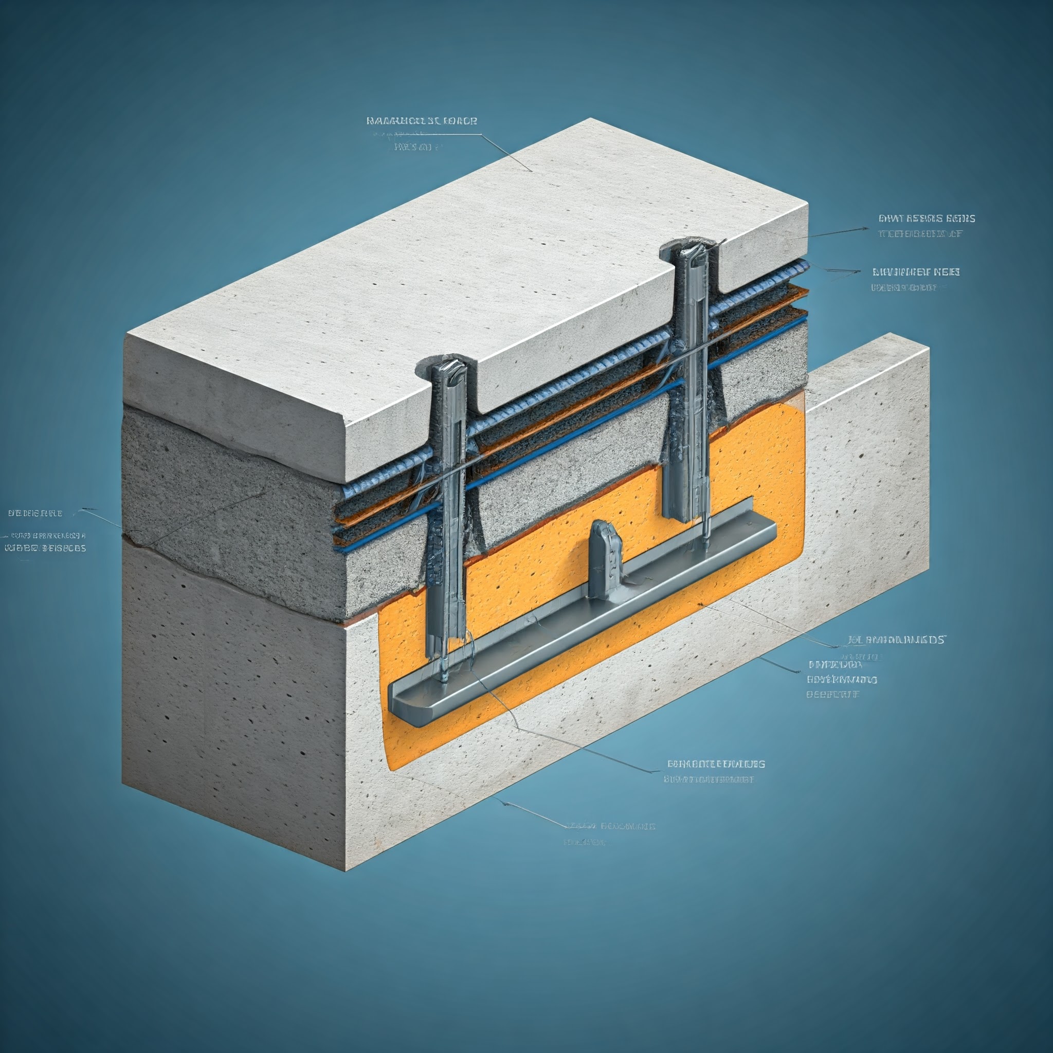 "3D cross-sectional diagram of a concrete anchoring system showing embedded channel connectors. The illustration displays multiple layers including the concrete structure, reinforcement bars, and channel anchors in an isometric view. The diagram highlights key components with labels including expansion joints, steel reinforcement, and mounting hardware against a deep blue background. The concrete is shown in grey with a partial cutaway revealing the internal anchoring mechanism in orange."