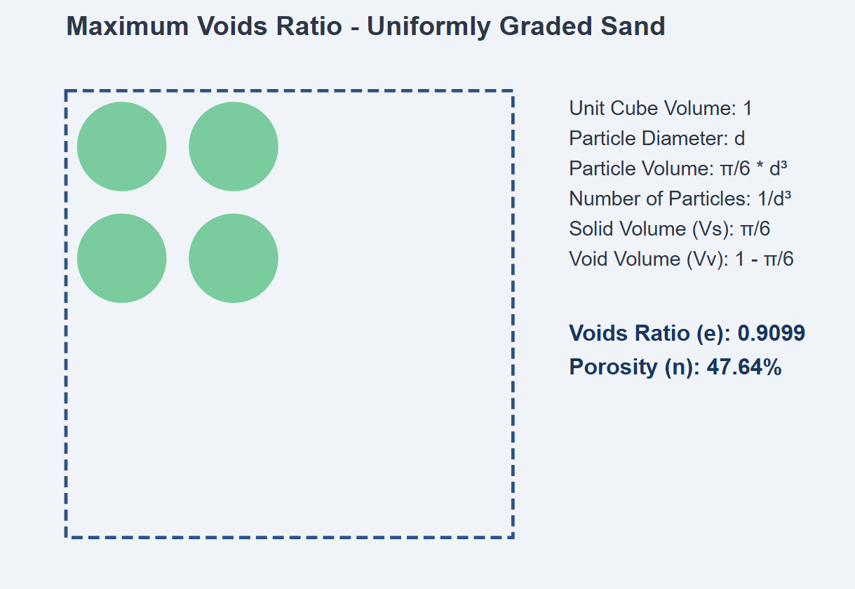 Determine the maximum possible voids ratio for a uniformly graded sand of perfectly spherical grains.