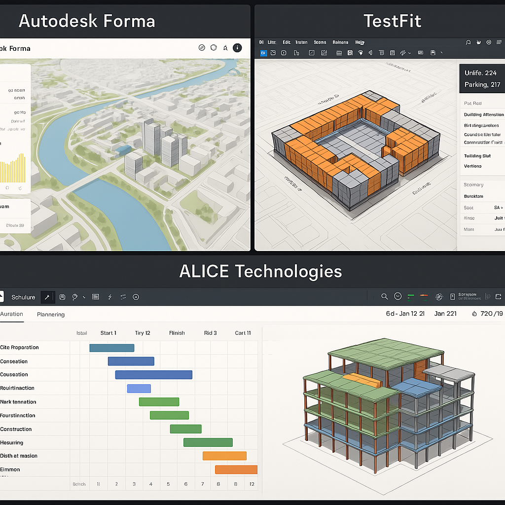 AI tools for civil engineering showing Autodesk Forma, TestFit and ALICE technologies interfaces