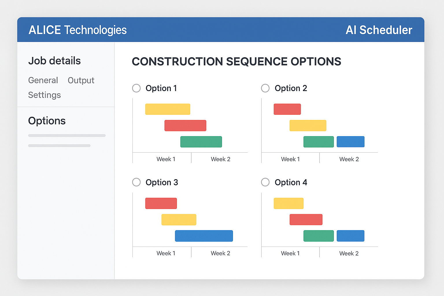 ALICE Technologies AI scheduler showing multiple construction sequence options