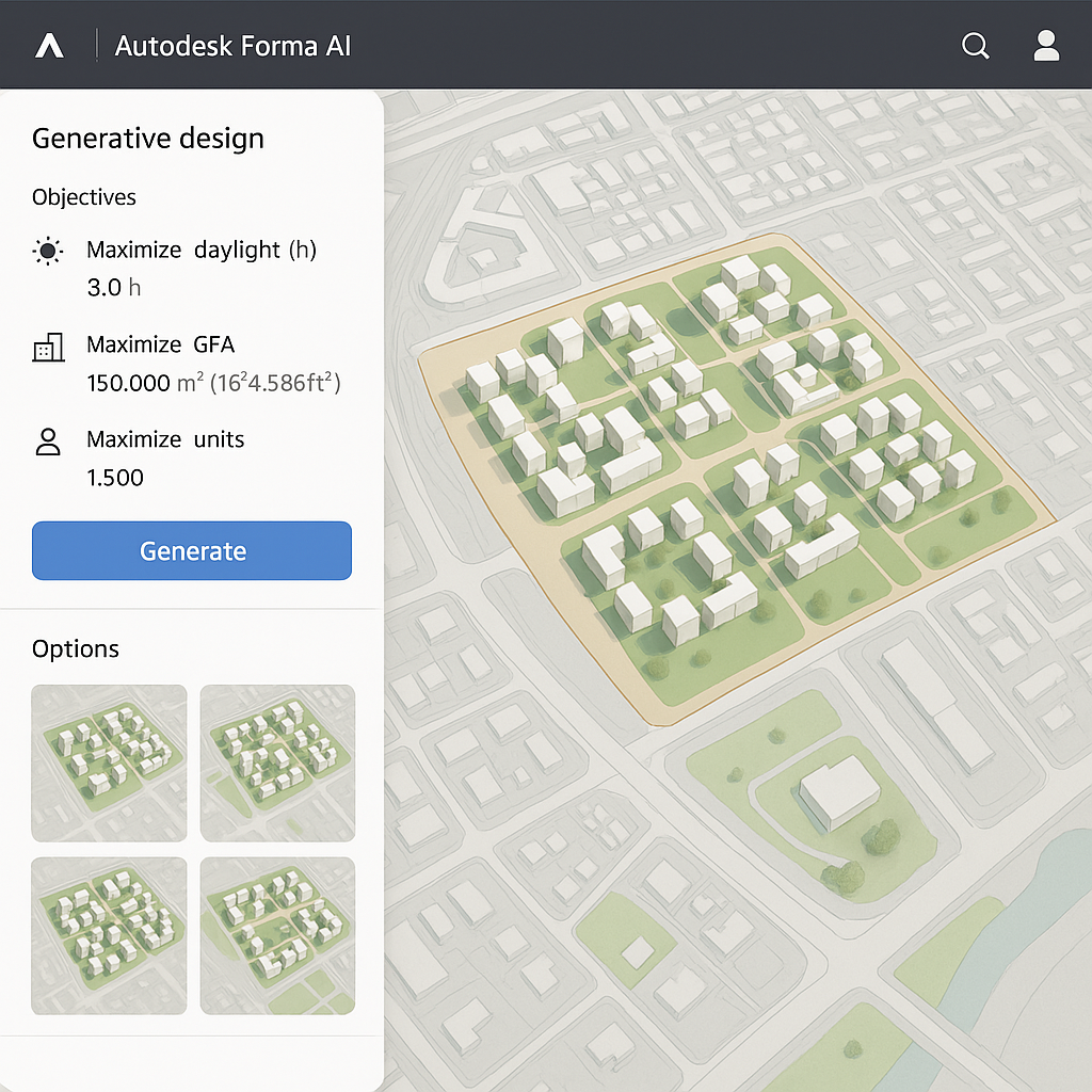 Autodesk Forma AI interface showing generative urban planning options