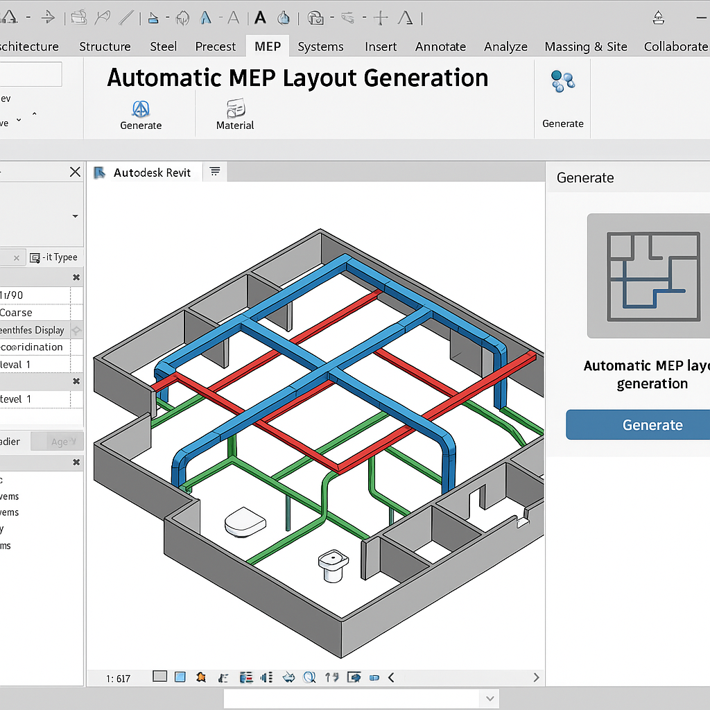 Autodesk Revit with AI plugins showing automatic MEP layout generation