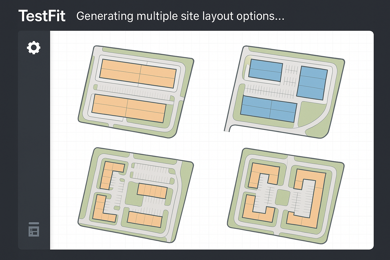 TestFit AI tool generating multiple site layout options for civil engineering projects