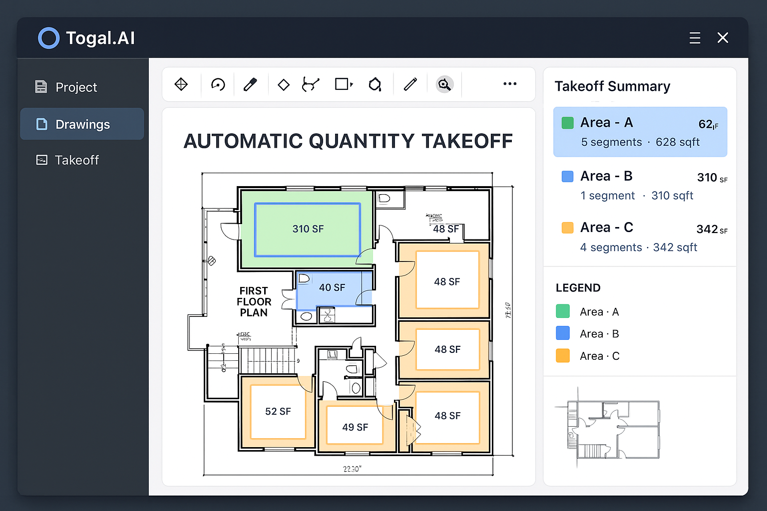 Togal.AI interface showing automatic quantity takeoff from construction drawings