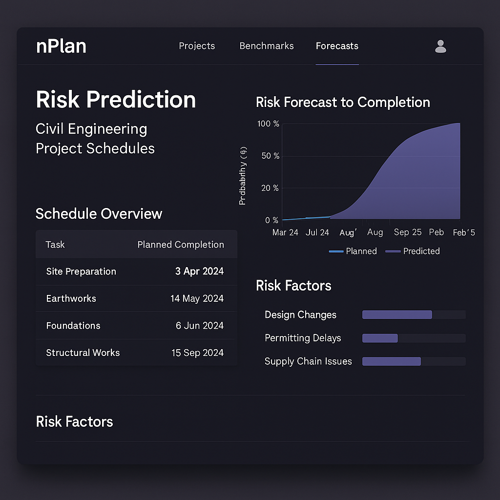 nPlan interface showing risk prediction for civil engineering project schedules