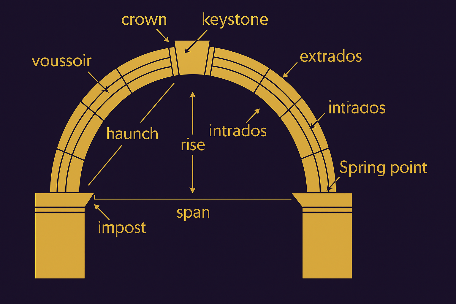 Diagram of the parts of an arch including the keystone