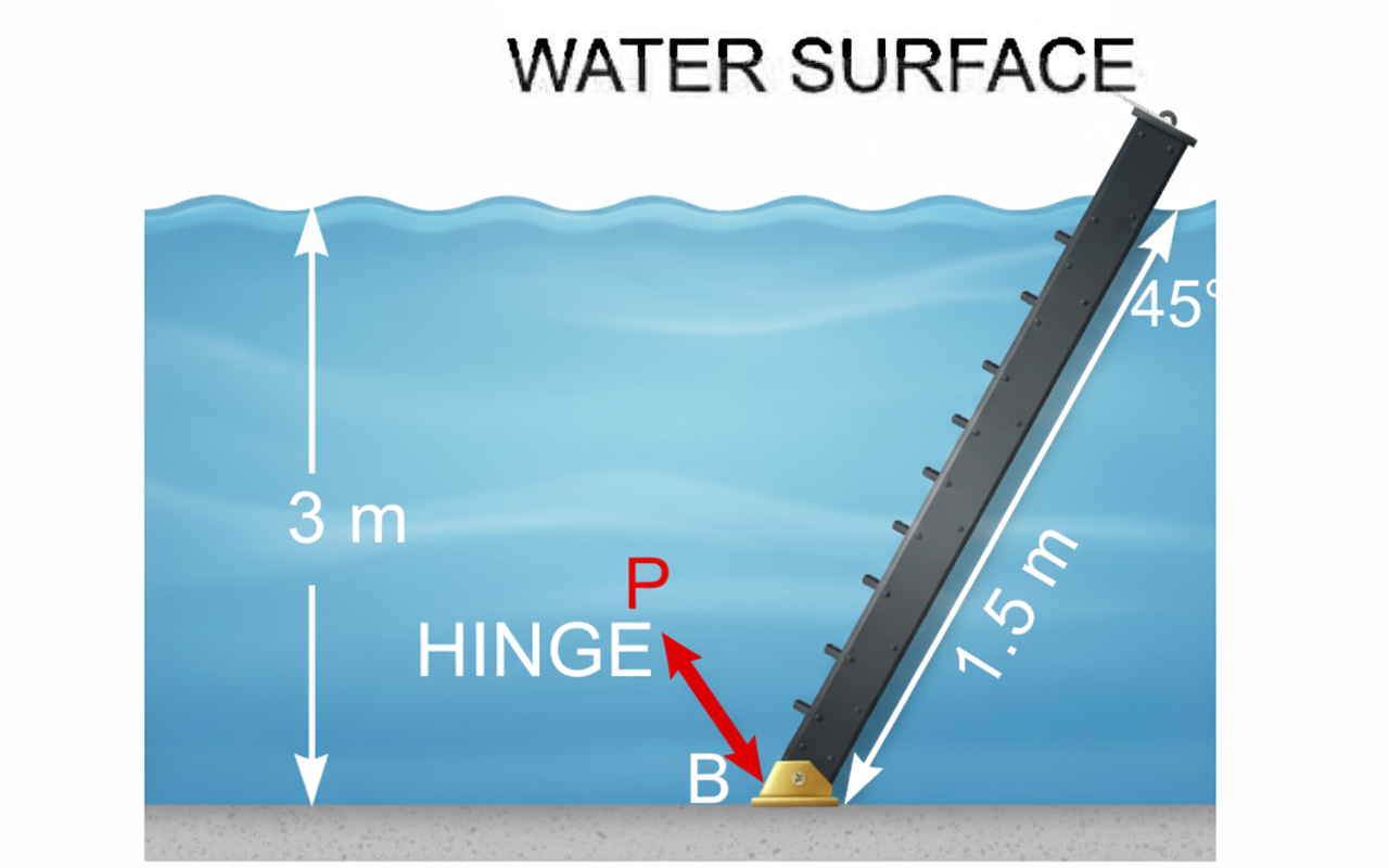 Diagram of a hinged inclined gate with water pressure