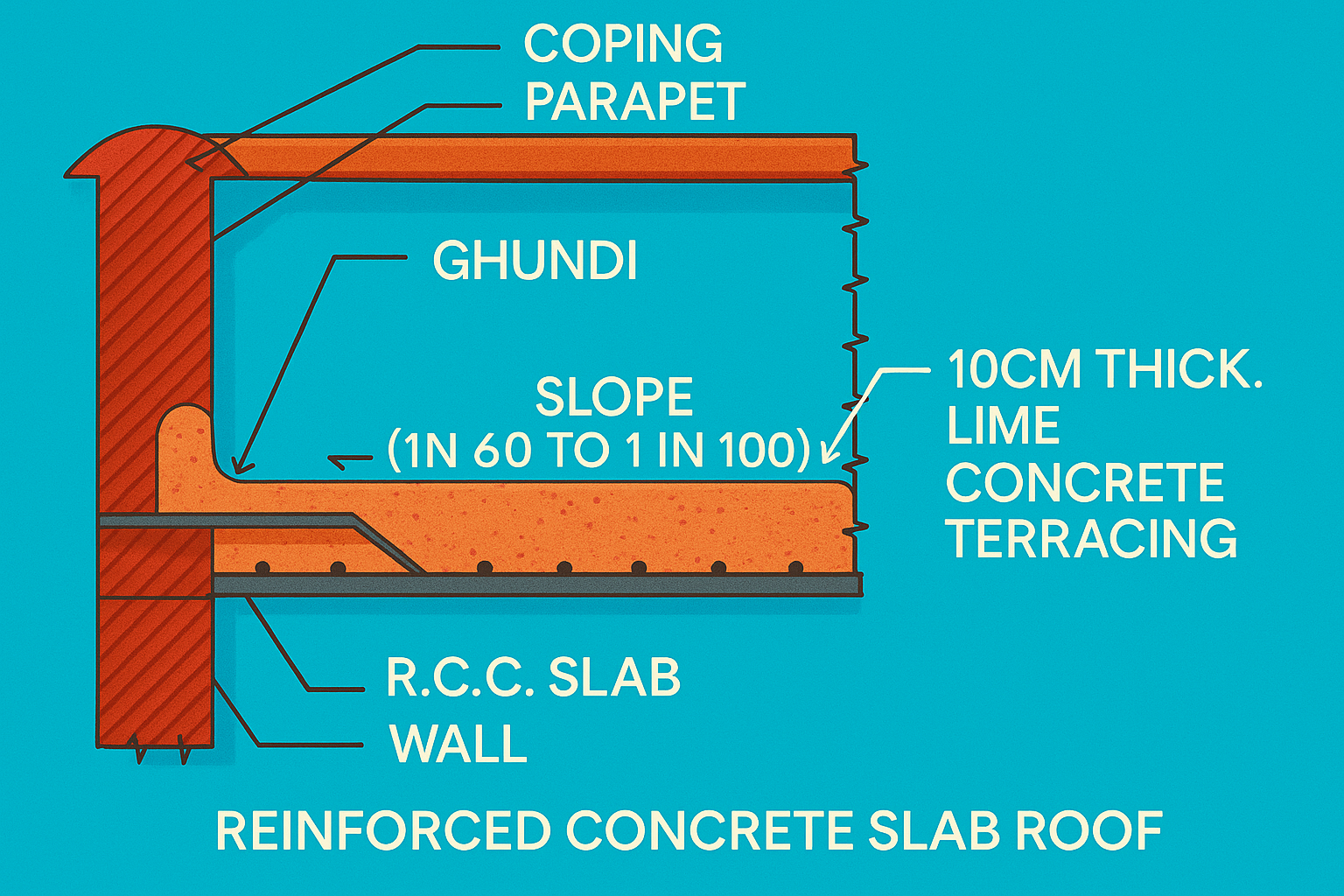 Diagram of an R.C.C. flat roof showing the slope for drainage