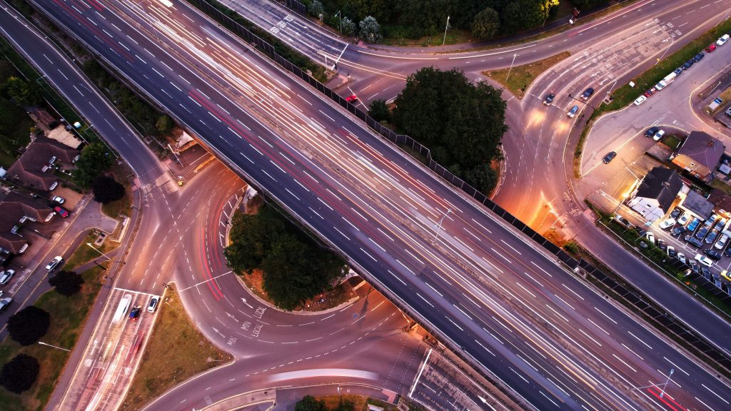 Aerial view of highway road network - the type of civil infrastructure designed using AutoCAD Civil 3D 2026