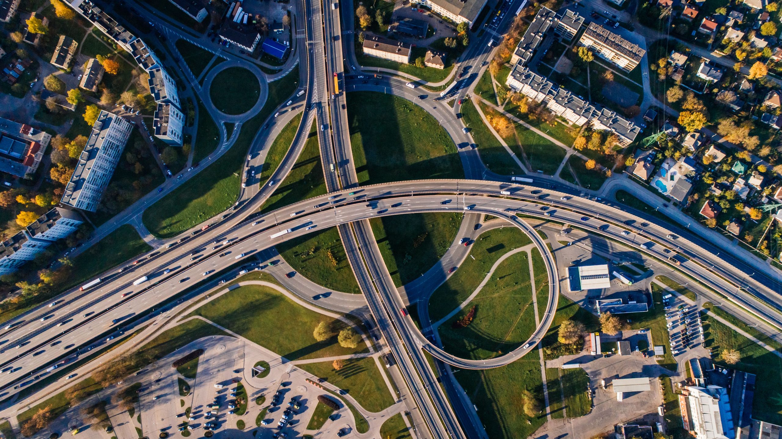 Aerial view of urban road network and highway infrastructure — designed using AutoCAD Civil 3D corridor and alignment tools