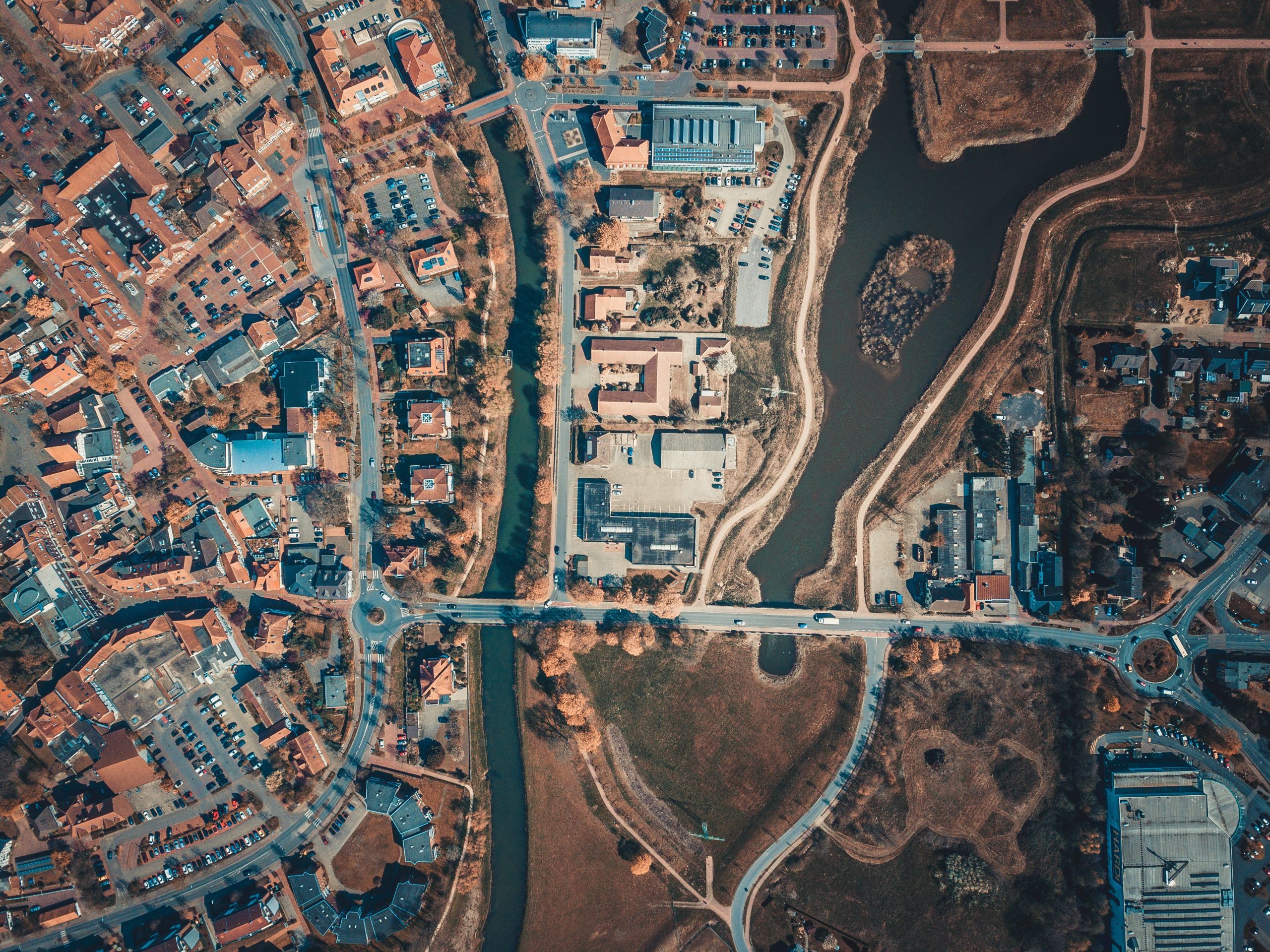 Aerial view of city infrastructure including roads and buildings — the type of urban environment mapped with drone survey software for civil engineering projects